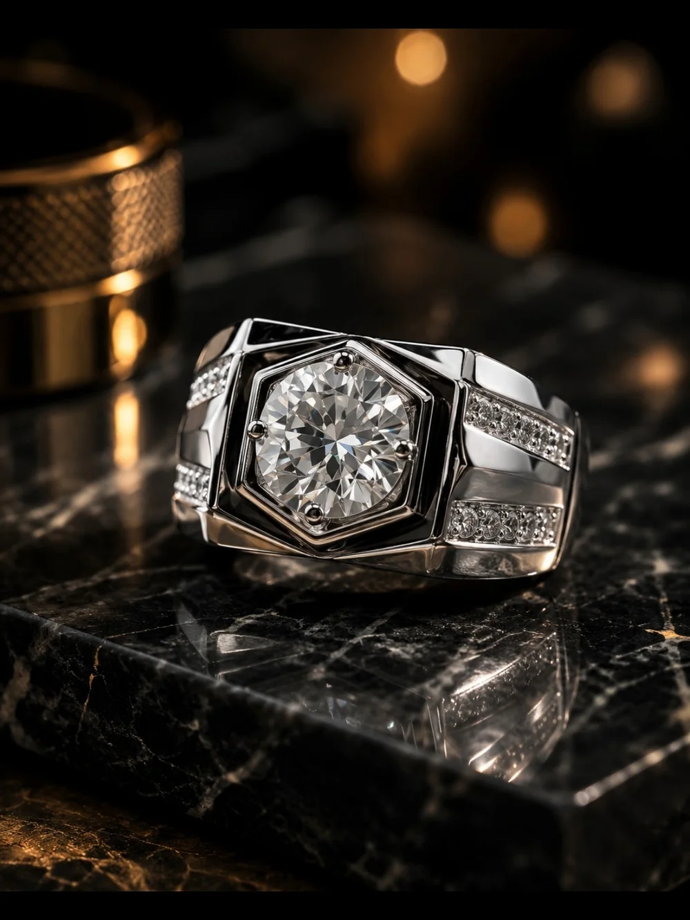 Men's Silver Tone Hexagon CZ Statement Ring Size 8 Iced Cubic Zirconia